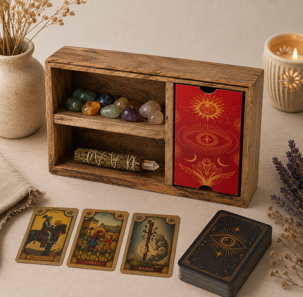Tarotæske med tre rum og kortholder