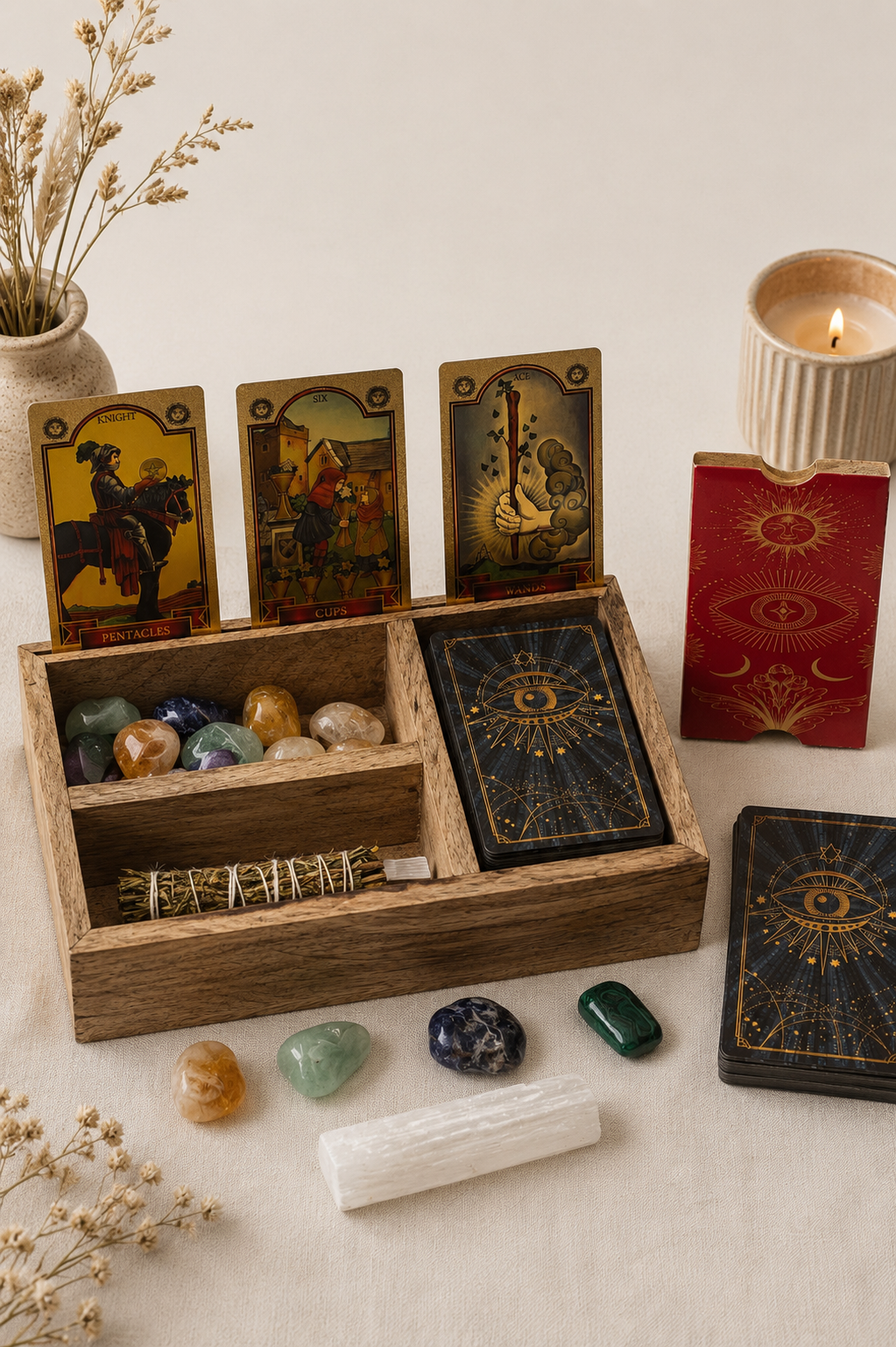 Tarotæske med tre rum og kortholder