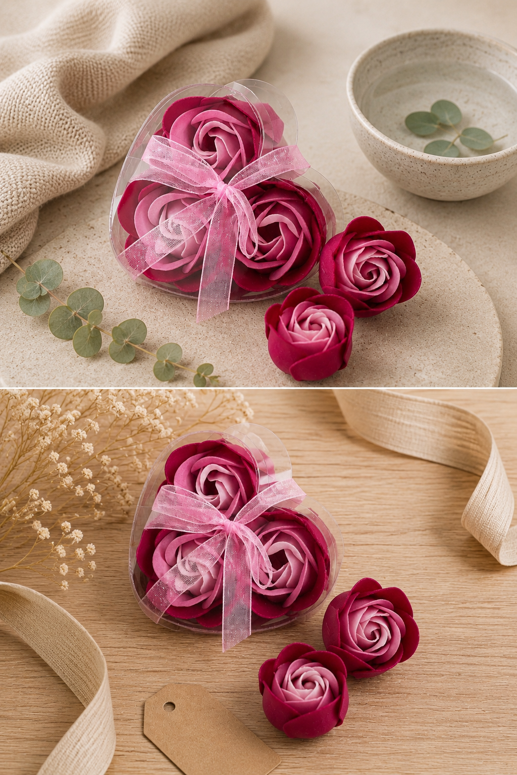 Sæbeblomster i Hjerteæske – Pink Roser