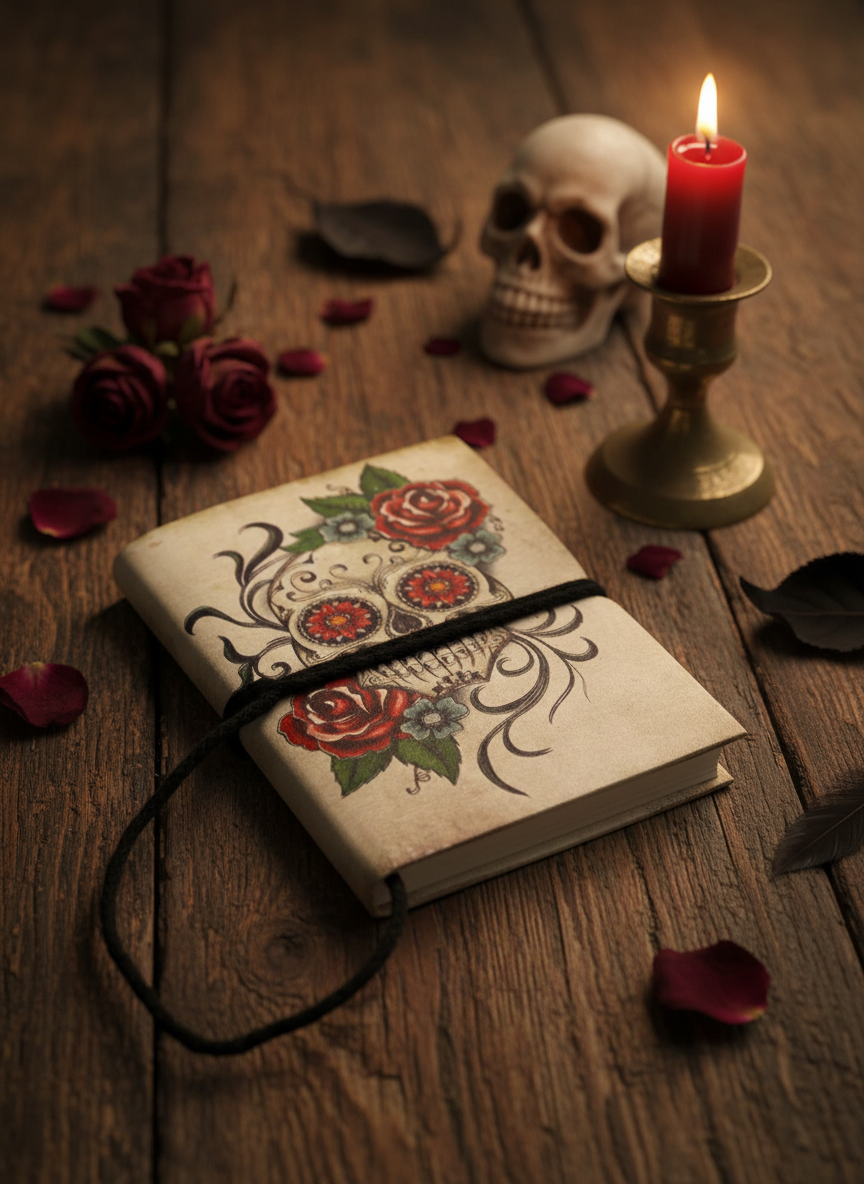 Gothic Notesbog – Sugar Skull & Roser 7x10 cm