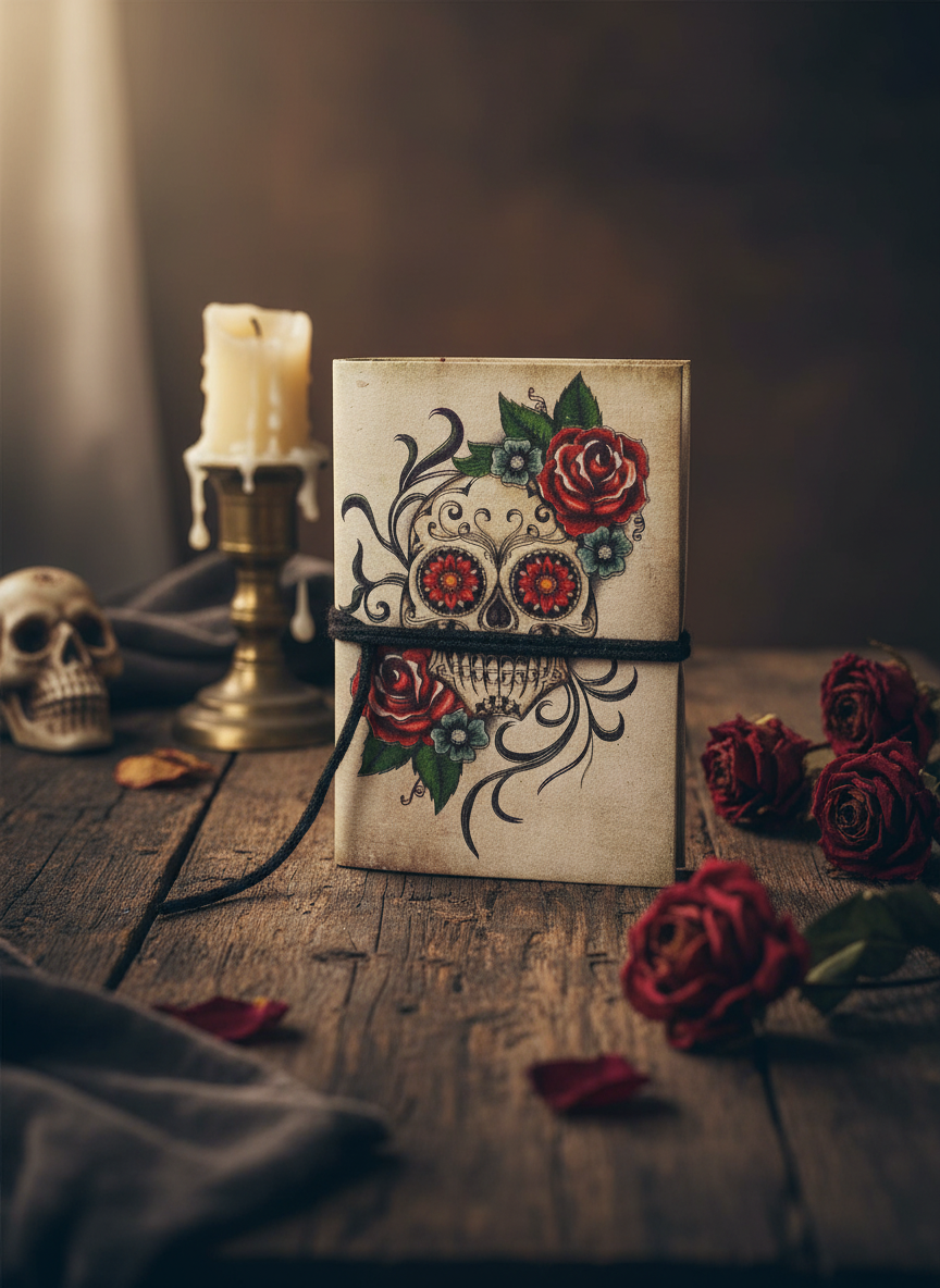 Gothic Notesbog – Sugar Skull & Roser 7x10 cm