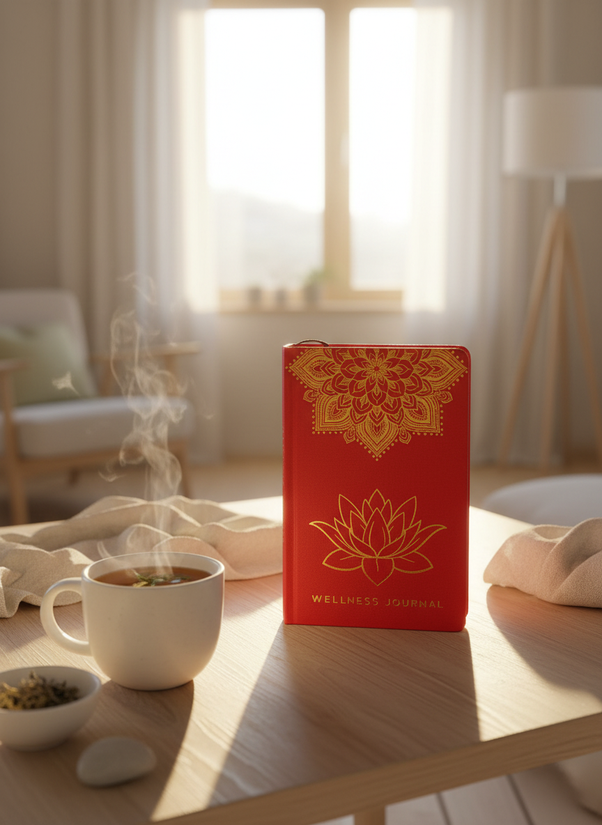 Rød & Guld Velvære-Journal – Mandala & Lotus blomst