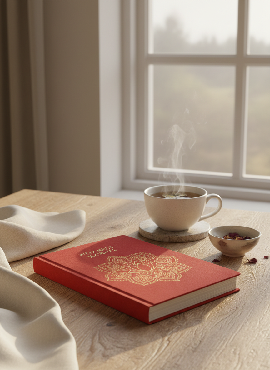 Rød & Guld Velvære-Journal – Mandala & Lotus blomst