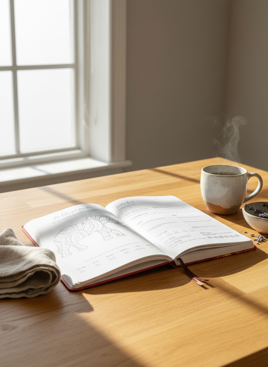 Rød & Guld Velvære-Journal – Mandala & Lotus blomst