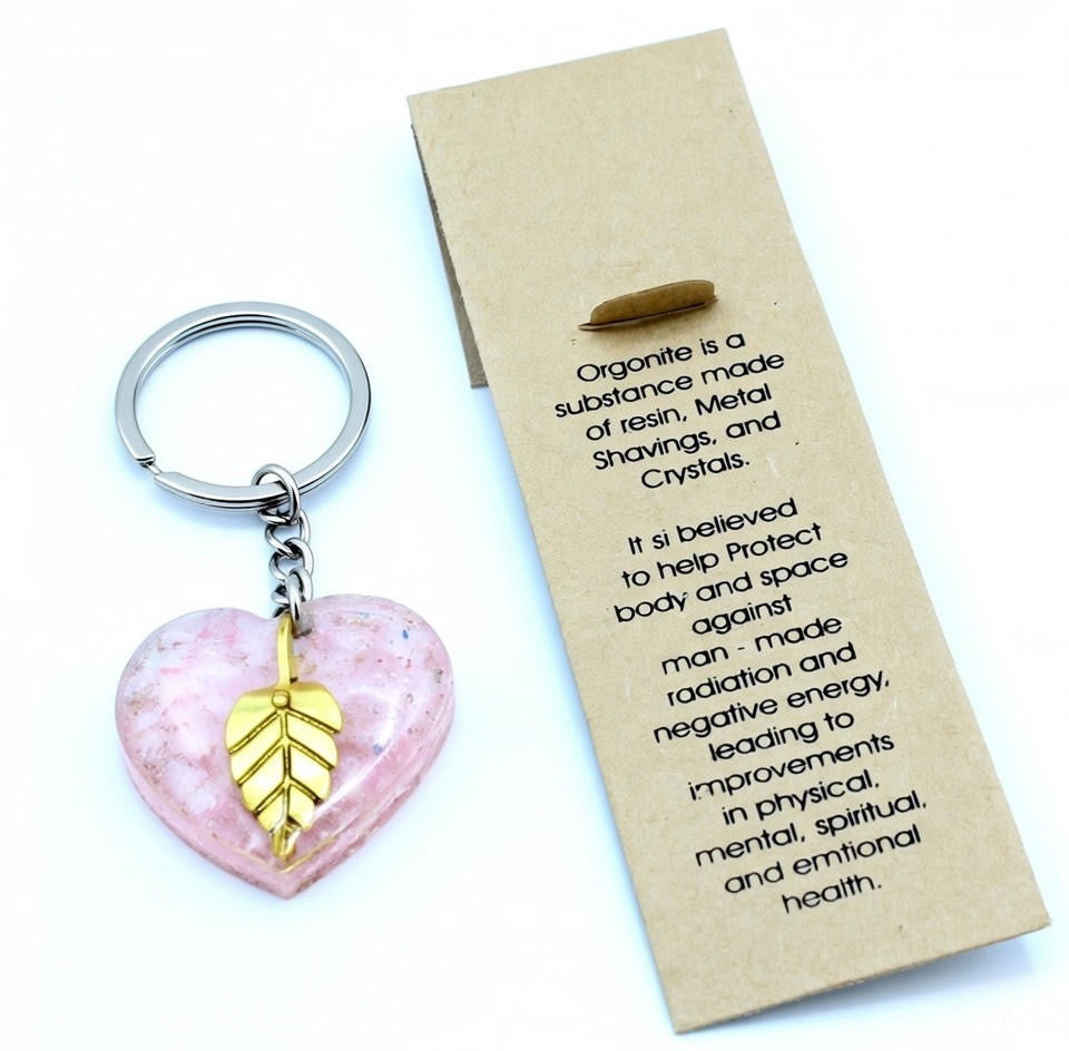 Orgonite Nøglering – Rosekvarts Hjerte med Guldblad