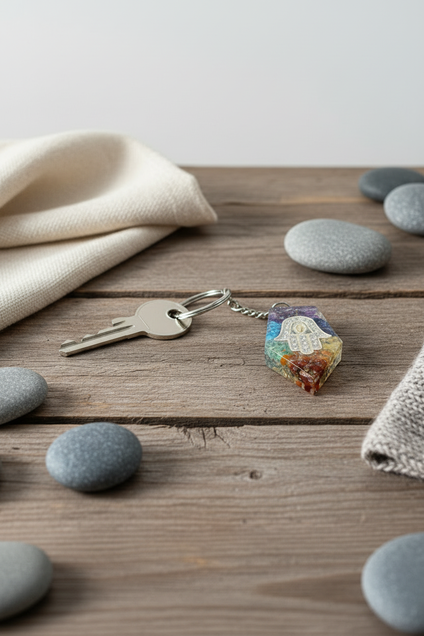 Orgonite Nøglering  Gemstone Chakra Hamsa