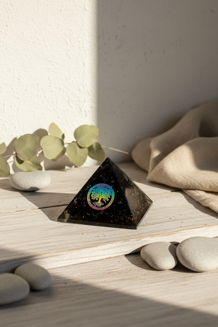 Lille orgonitpyramide med Livets Træ og sort turmalin