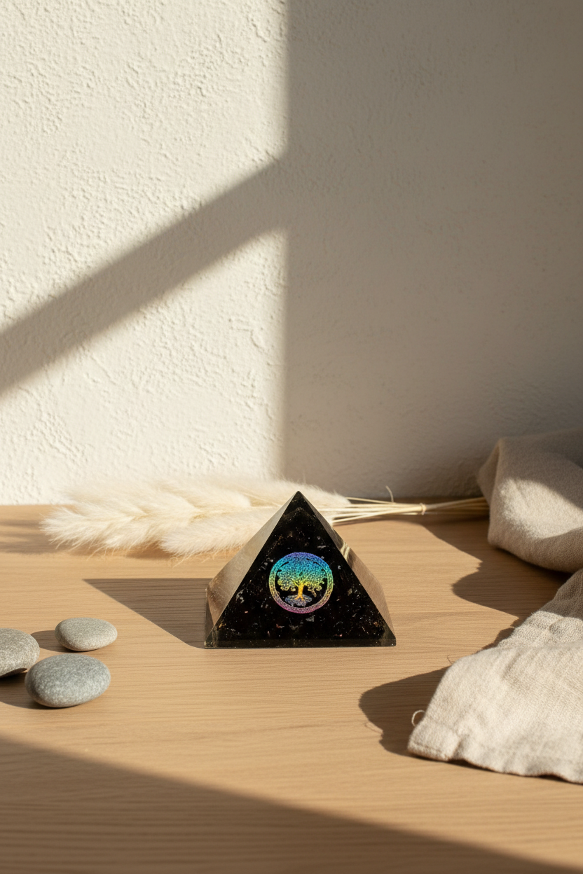 Lille orgonitpyramide med Livets Træ og sort turmalin