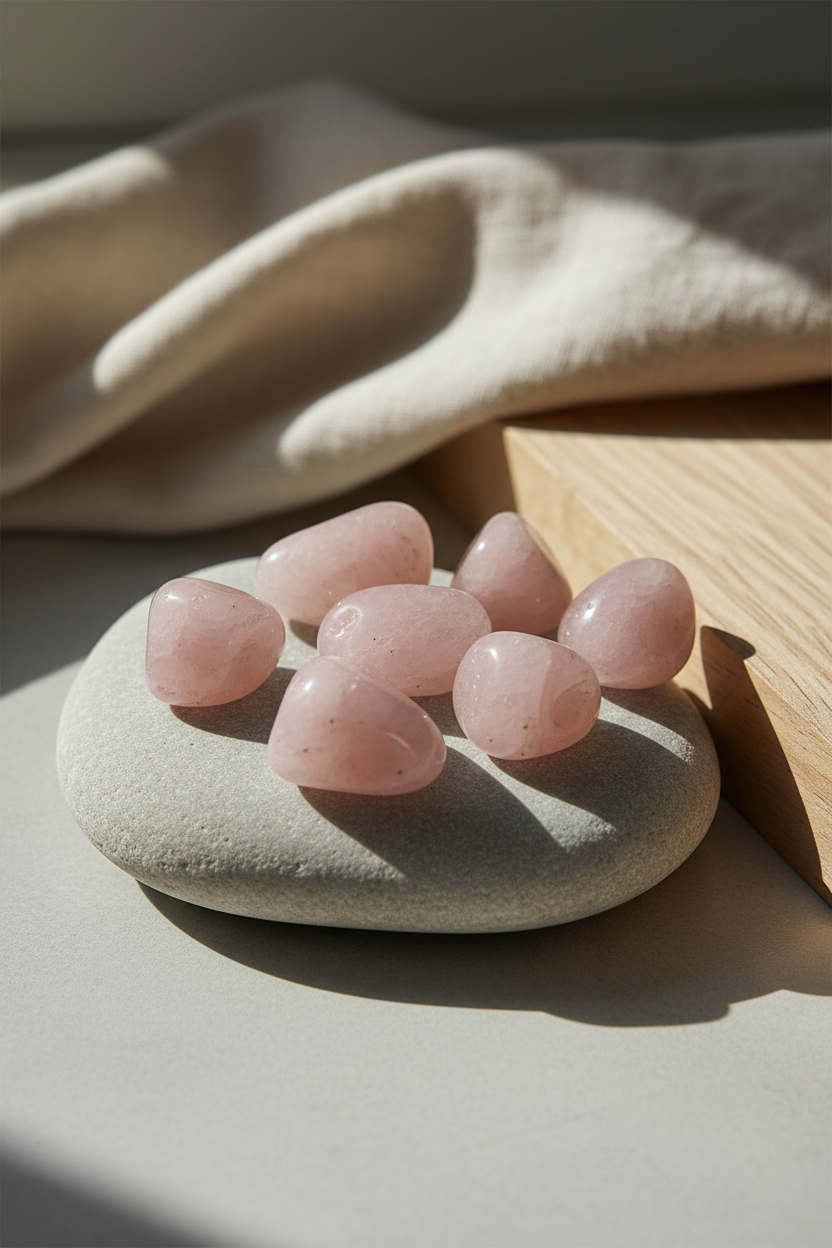 Rosenkvarts (poleret sten, ca. 2,5–4,5 cm)