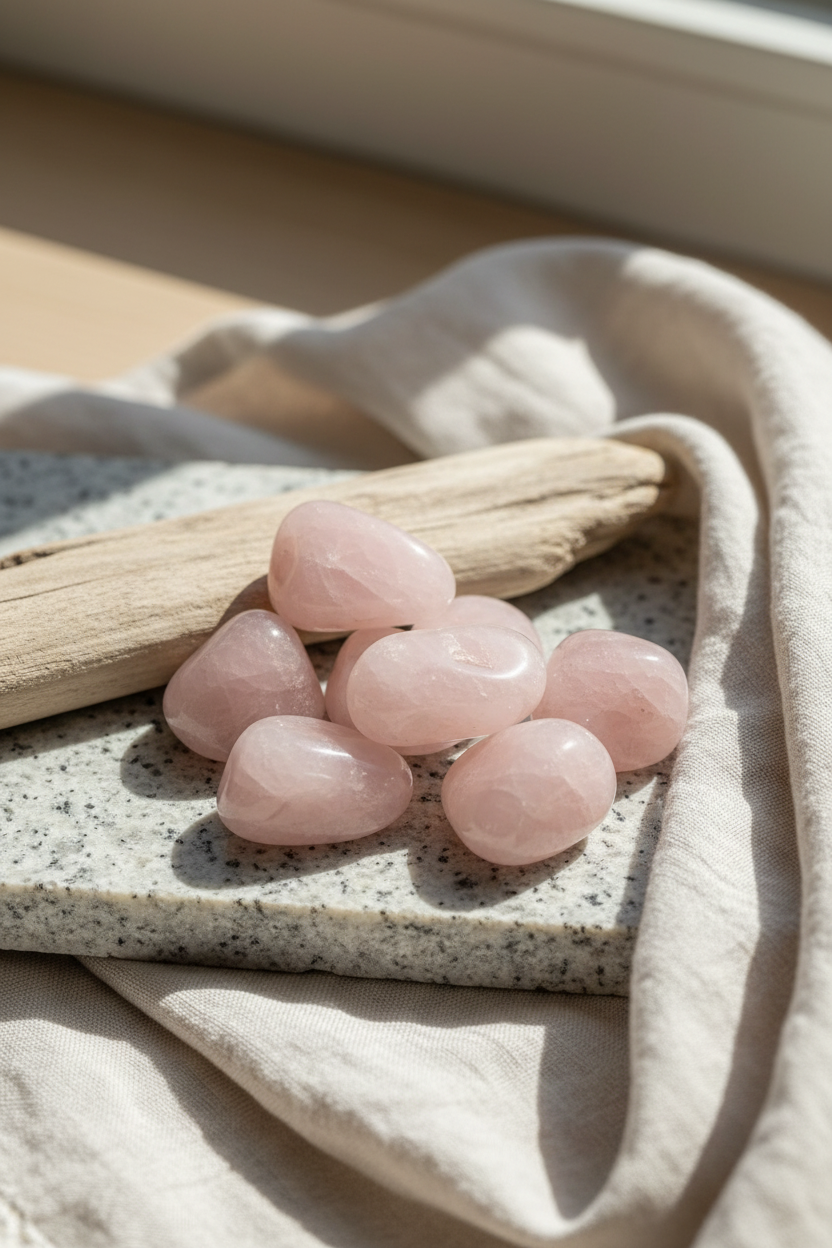 Rosenkvarts (poleret sten, ca. 2,5–4,5 cm)