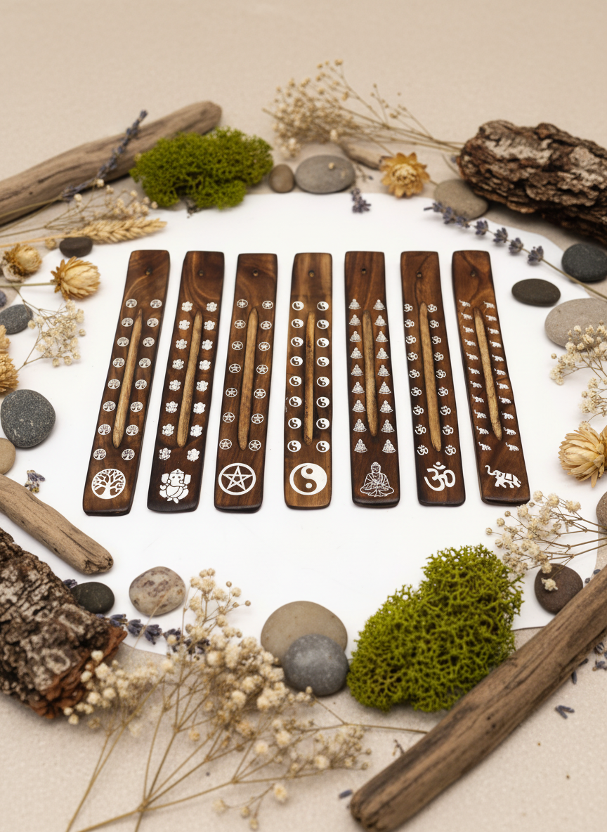 udskåret røgelsespind-holder / askefanger i mangotræ med brændt finish