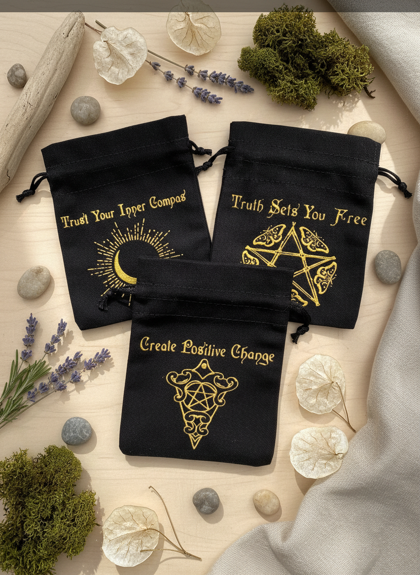 Esoterisk stofpose – Sort & Guld – 10 × 12 cm