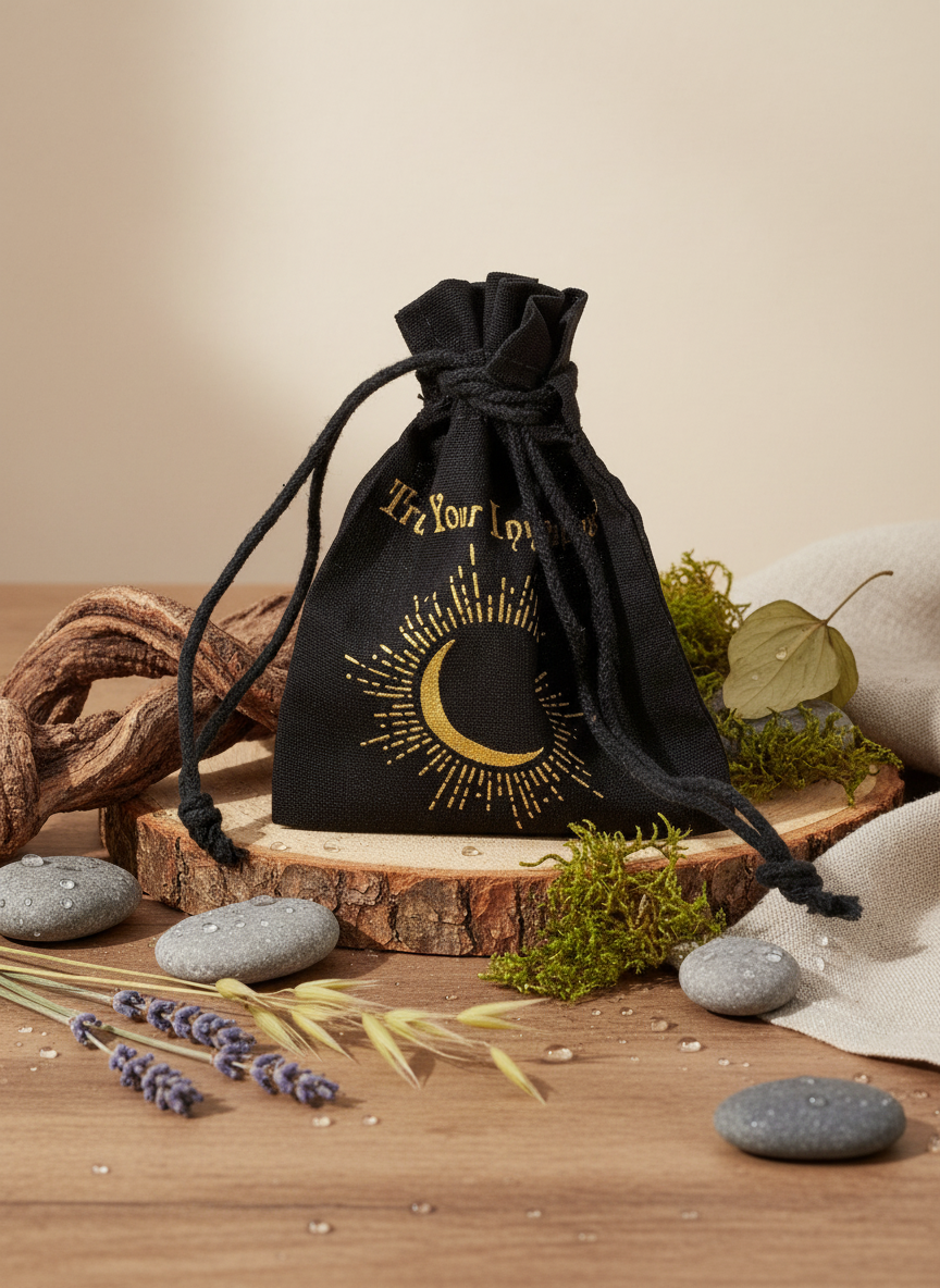 Esoterisk stofpose – Sort & Guld – 10 × 12 cm