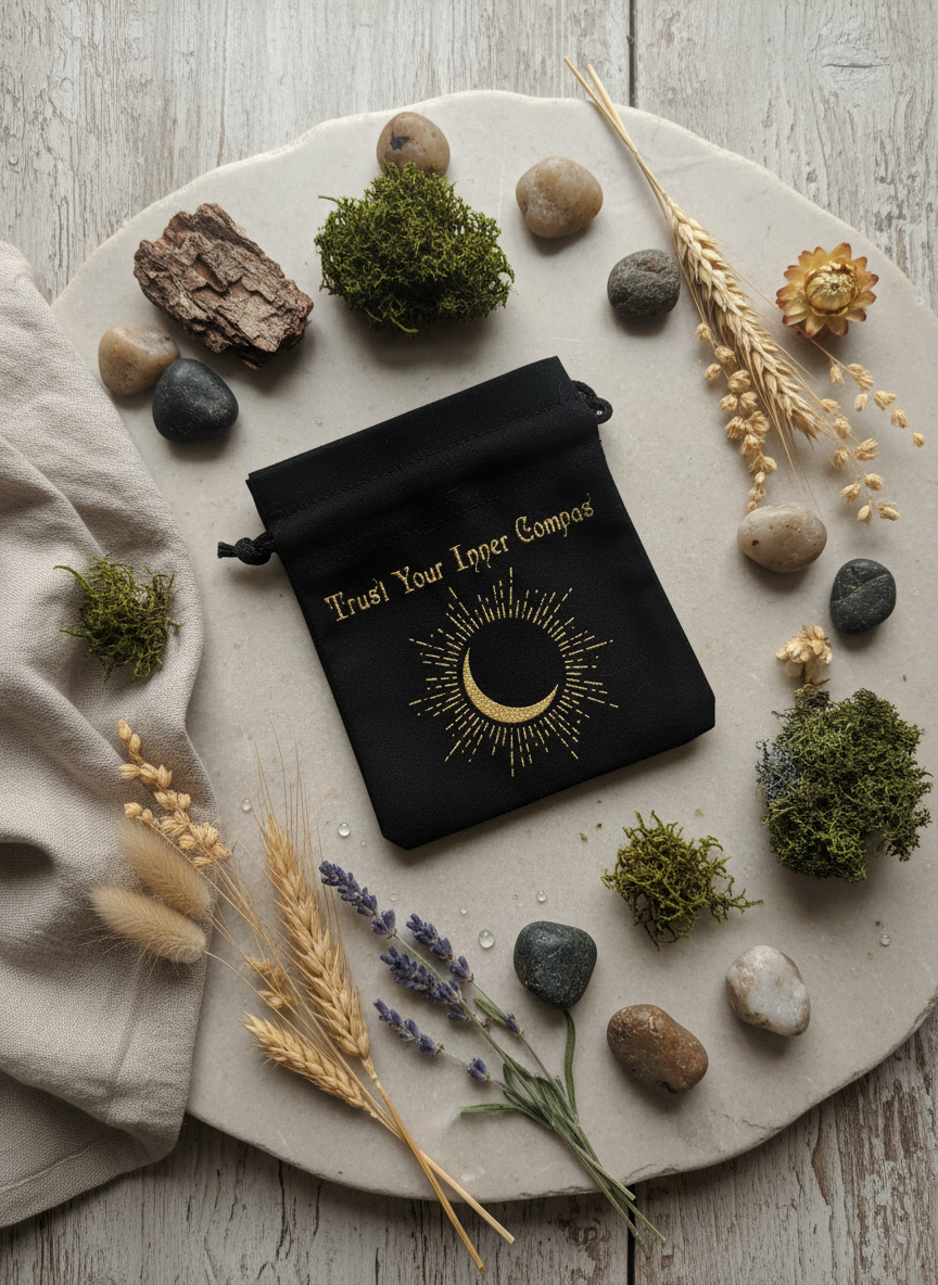 Esoterisk stofpose – Sort & Guld – 10 × 12 cm