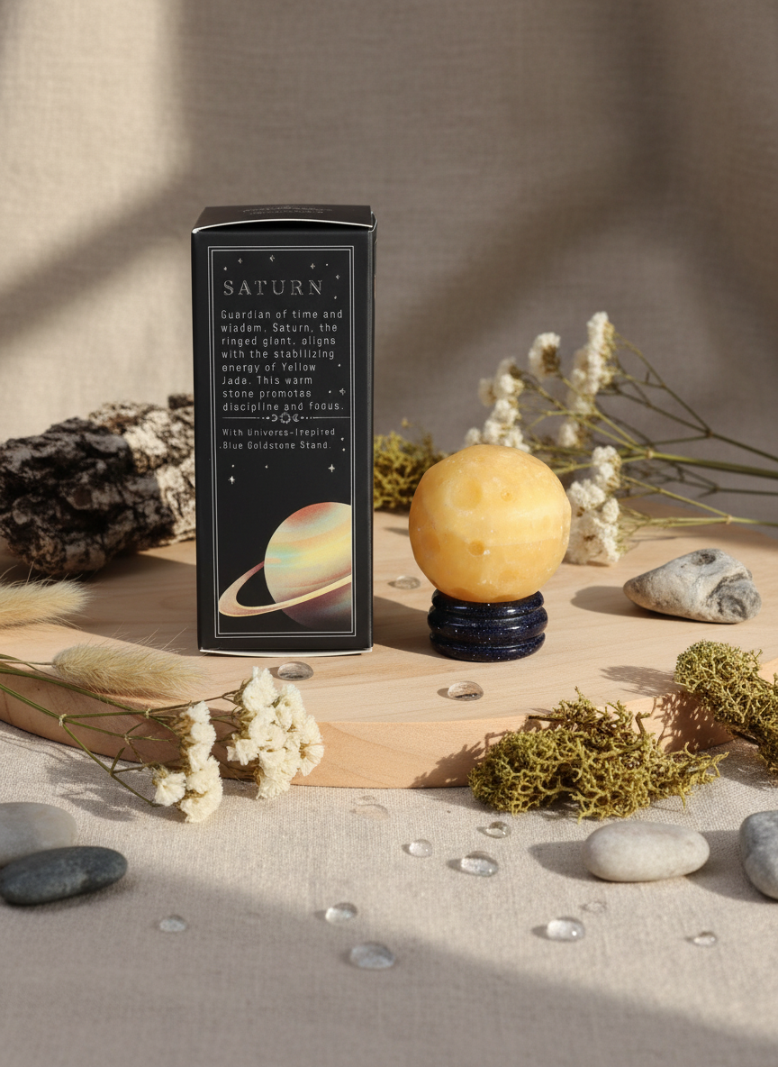 Yellow Jade Planet på Goldstone Stand – Saturn – 40 mm