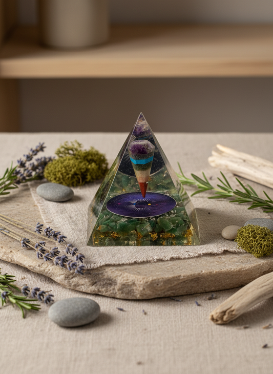 Orgonite Pyramide 7 x 6 cm med Pendul Grøn Aventurin