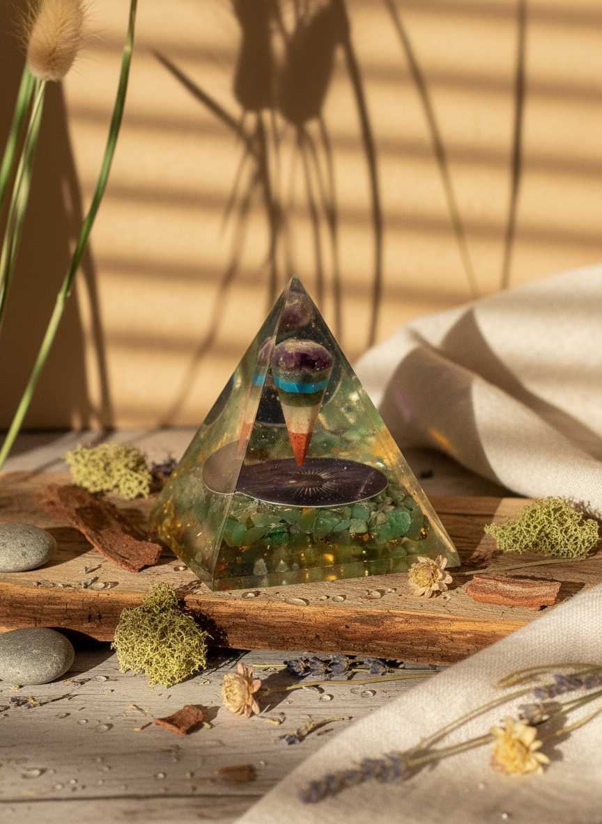 Orgonite Pyramide 7 x 6 cm med Pendul Grøn Aventurin
