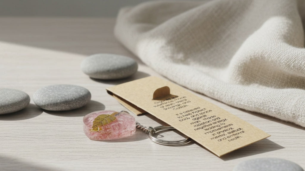 Orgonite Nøglering – Rosekvarts Hjerte med Guldblad