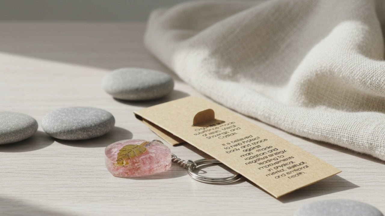 Orgonite Nøglering – Rosekvarts Hjerte med Guldblad